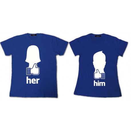 Shirt pour couple parodie Facebook Like her/him - Pack homme et femme bleu pour homme et femme