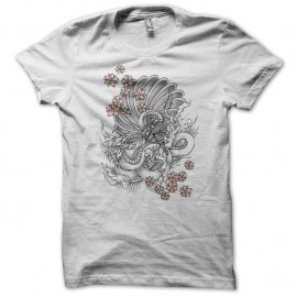 Shirt Tattoo Samourai contre Dragon avec des fleurs blanc pour homme et femme