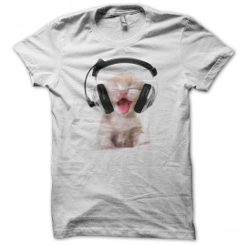 Shirt Bébé chat avec casque qui miaule blanc pour homme et femme